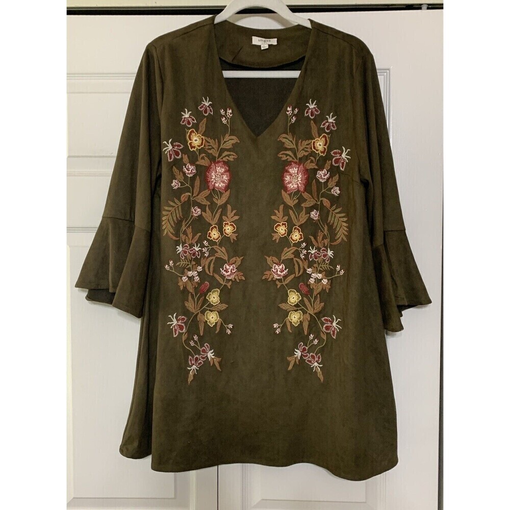 Umgee Boho Dark Green Floral Embroidered Faux Suede Ruffle Sleeve Tunic Dress L